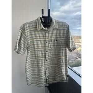 Howler Brothers Cotton Striped Beige Blue Brown Button Up Short Sleeve Shirt XL